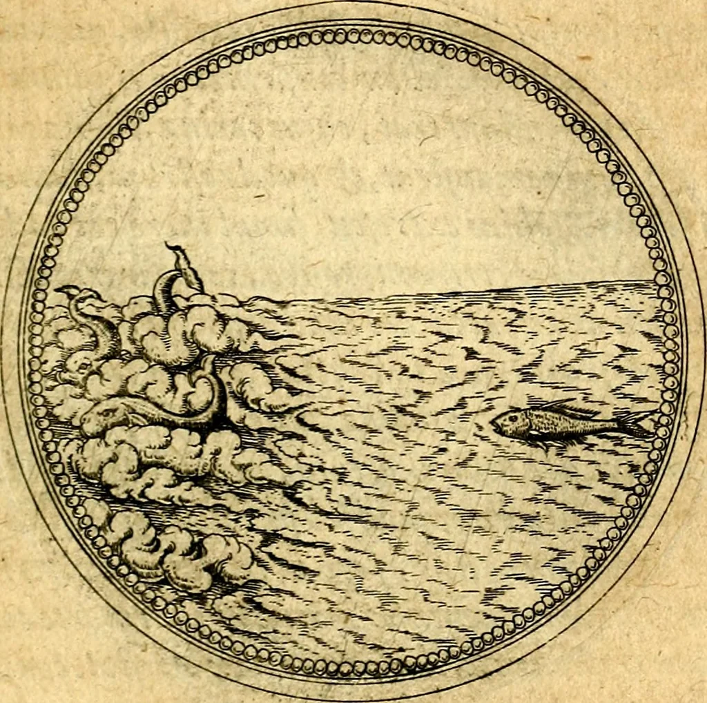 An illustration from Joachimi Camerarii Symbolorvm et emblematvm centvriæ tres. I. Ex herbis & stirpibus. II. Ex animalibus quadrupedibus. III. Ex volatilibus & insectis. Accessit noviter centvria IV. Ex aquatilibus & reptilibus. Cvm figvris æneis, 1605, leaf 656