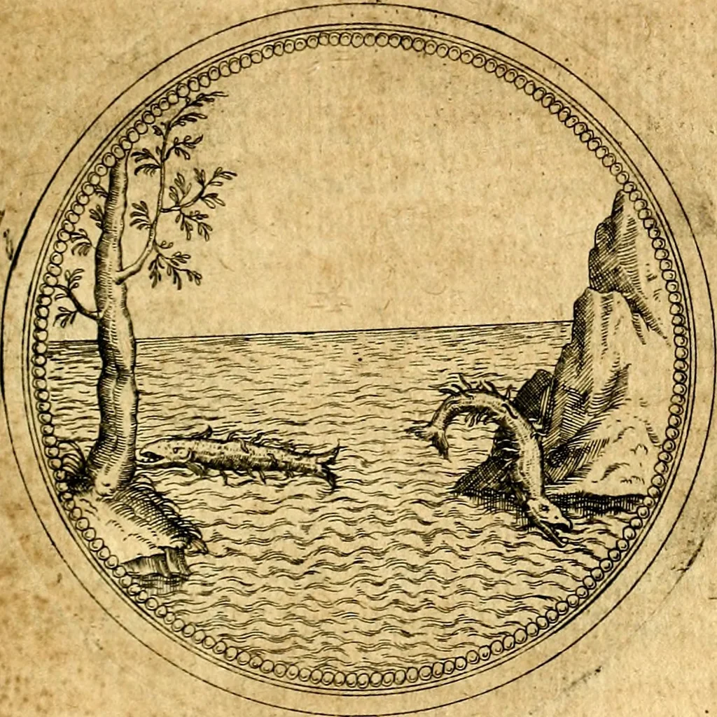 An illustration from Joachimi Camerarii Symbolorvm et emblematvm centvriæ tres. I. Ex herbis & stirpibus. II. Ex animalibus quadrupedibus. III. Ex volatilibus & insectis. Accessit noviter centvria IV. Ex aquatilibus & reptilibus. Cvm figvris æneis, 1605, leaf 674