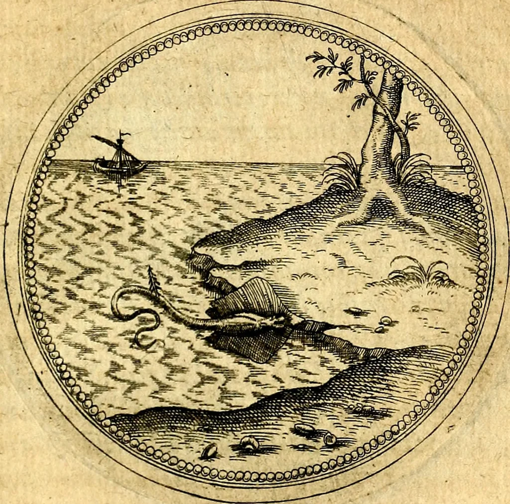 An illustration from Joachimi Camerarii Symbolorvm et emblematvm centvriæ tres. I. Ex herbis & stirpibus. II. Ex animalibus quadrupedibus. III. Ex volatilibus & insectis. Accessit noviter centvria IV. Ex aquatilibus & reptilibus. Cvm figvris æneis, 1605, leaf 712
