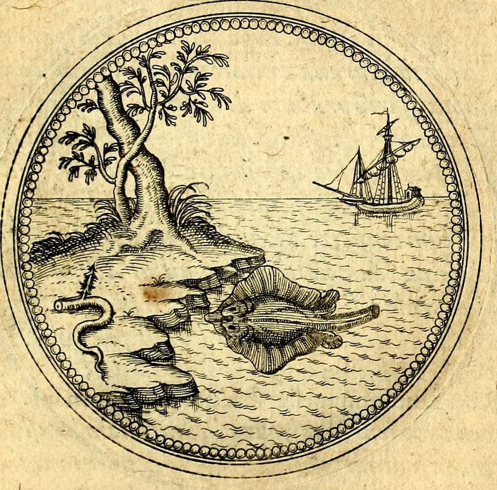 An illustration from Joachimi Camerarii Symbolorvm et emblematvm centvriæ tres. I. Ex herbis & stirpibus. II. Ex animalibus quadrupedibus. III. Ex volatilibus & insectis. Accessit noviter centvria IV. Ex aquatilibus & reptilibus. Cvm figvris æneis, 1605, leaf 714
