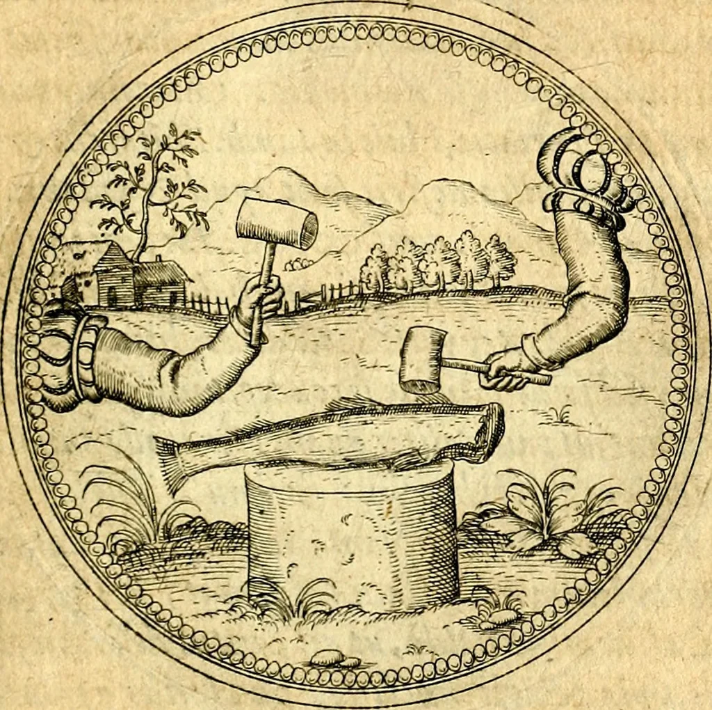 An illustration from Joachimi Camerarii Symbolorvm et emblematvm centvriæ tres. I. Ex herbis & stirpibus. II. Ex animalibus quadrupedibus. III. Ex volatilibus & insectis. Accessit noviter centvria IV. Ex aquatilibus & reptilibus. Cvm figvris æneis, 1605, leaf 722