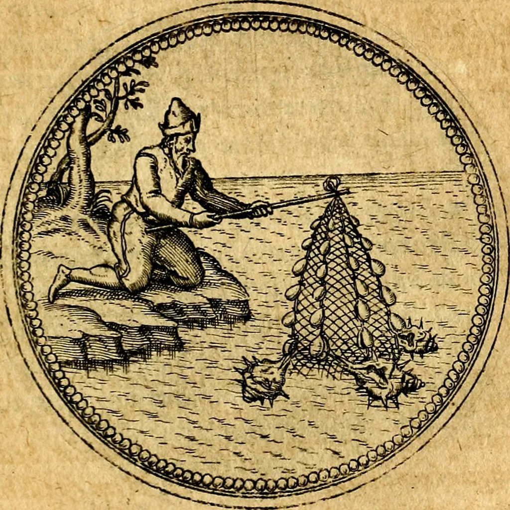 An illustration from Joachimi Camerarii Symbolorvm et emblematvm centvriæ tres. I. Ex herbis & stirpibus. II. Ex animalibus quadrupedibus. III. Ex volatilibus & insectis. Accessit noviter centvria IV. Ex aquatilibus & reptilibus. Cvm figvris æneis, 1605, leaf 752