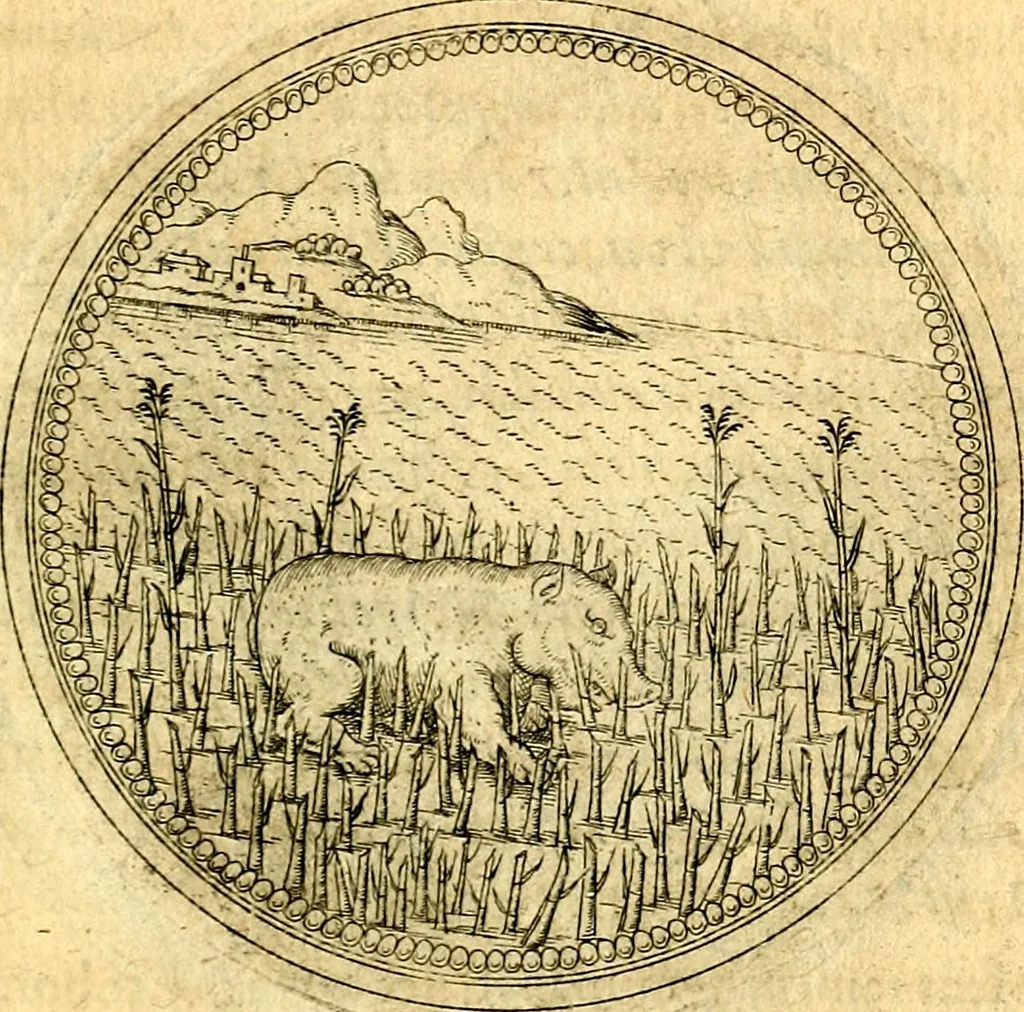 An illustration from Joachimi Camerarii Symbolorvm et emblematvm centvriæ tres. I. Ex herbis & stirpibus. II. Ex animalibus quadrupedibus. III. Ex volatilibus & insectis. Accessit noviter centvria IV. Ex aquatilibus & reptilibus. Cvm figvris æneis, 1605, leaf 760
