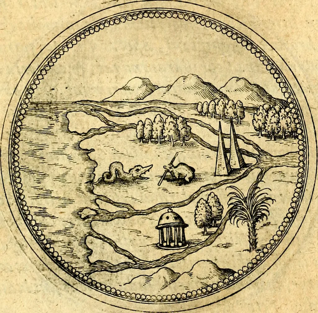 An illustration from Joachimi Camerarii Symbolorvm et emblematvm centvriæ tres. I. Ex herbis & stirpibus. II. Ex animalibus quadrupedibus. III. Ex volatilibus & insectis. Accessit noviter centvria IV. Ex aquatilibus & reptilibus. Cvm figvris æneis, 1605, leaf 774