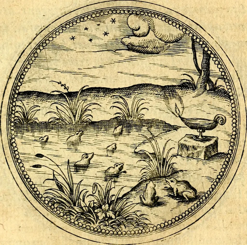 An illustration from Joachimi Camerarii Symbolorvm et emblematvm centvriæ tres. I. Ex herbis & stirpibus. II. Ex animalibus quadrupedibus. III. Ex volatilibus & insectis. Accessit noviter centvria IV. Ex aquatilibus & reptilibus. Cvm figvris æneis, 1605, leaf 776