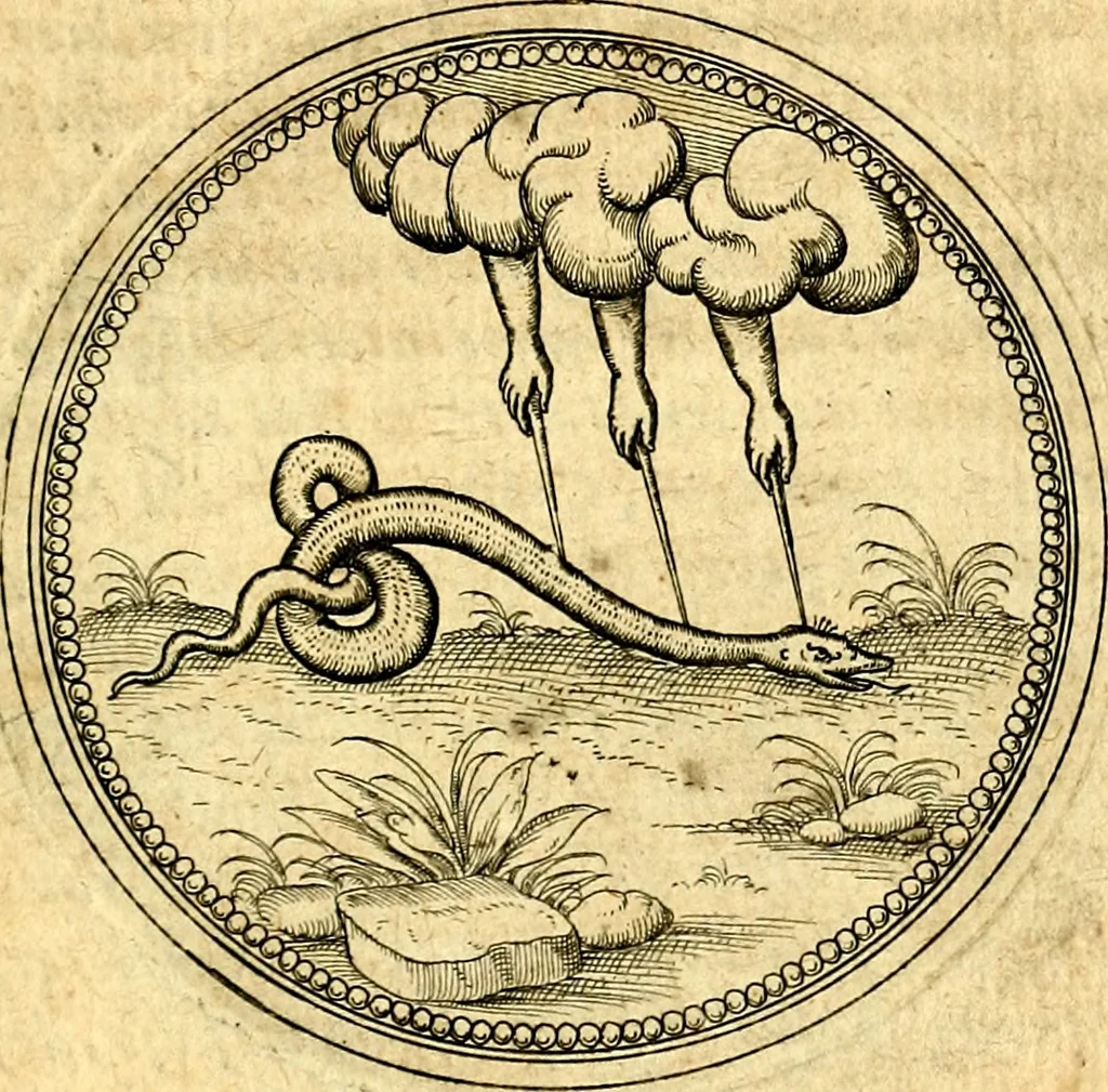 An illustration from Joachimi Camerarii Symbolorvm et emblematvm centvriæ tres. I. Ex herbis & stirpibus. II. Ex animalibus quadrupedibus. III. Ex volatilibus & insectis. Accessit noviter centvria IV. Ex aquatilibus & reptilibus. Cvm figvris æneis, 1605, leaf 798