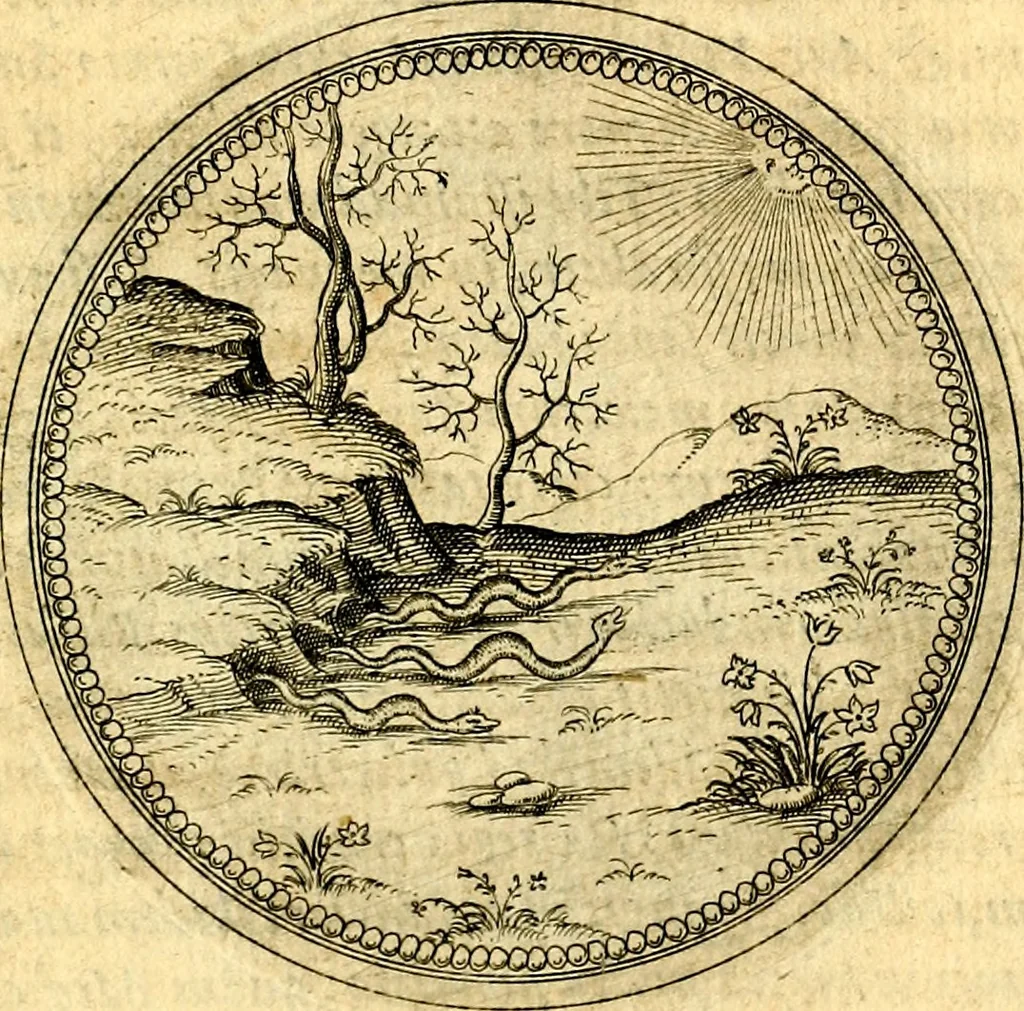 An illustration from Joachimi Camerarii Symbolorvm et emblematvm centvriæ tres. I. Ex herbis & stirpibus. II. Ex animalibus quadrupedibus. III. Ex volatilibus & insectis. Accessit noviter centvria IV. Ex aquatilibus & reptilibus. Cvm figvris æneis, 1605, leaf 804