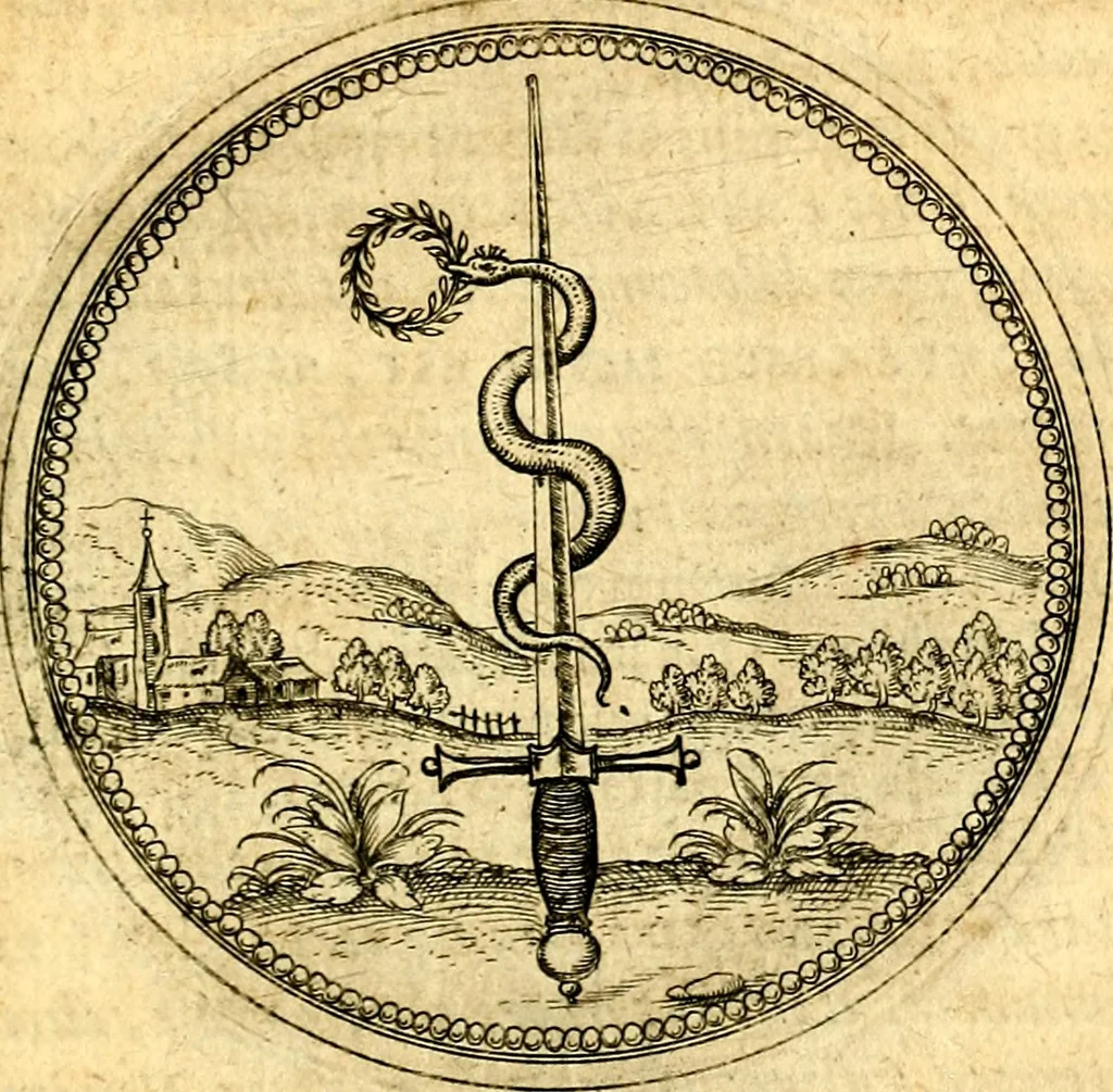 An illustration from Joachimi Camerarii Symbolorvm et emblematvm centvriæ tres. I. Ex herbis & stirpibus. II. Ex animalibus quadrupedibus. III. Ex volatilibus & insectis. Accessit noviter centvria IV. Ex aquatilibus & reptilibus. Cvm figvris æneis, 1605, leaf 806