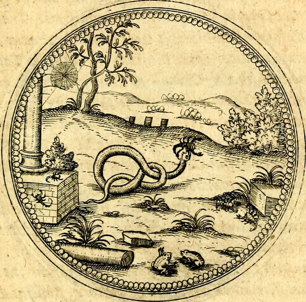 An illustration from Joachimi Camerarii Symbolorvm et emblematvm centvriæ tres. I. Ex herbis & stirpibus. II. Ex animalibus quadrupedibus. III. Ex volatilibus & insectis. Accessit noviter centvria IV. Ex aquatilibus & reptilibus. Cvm figvris æneis, 1605, leaf 814