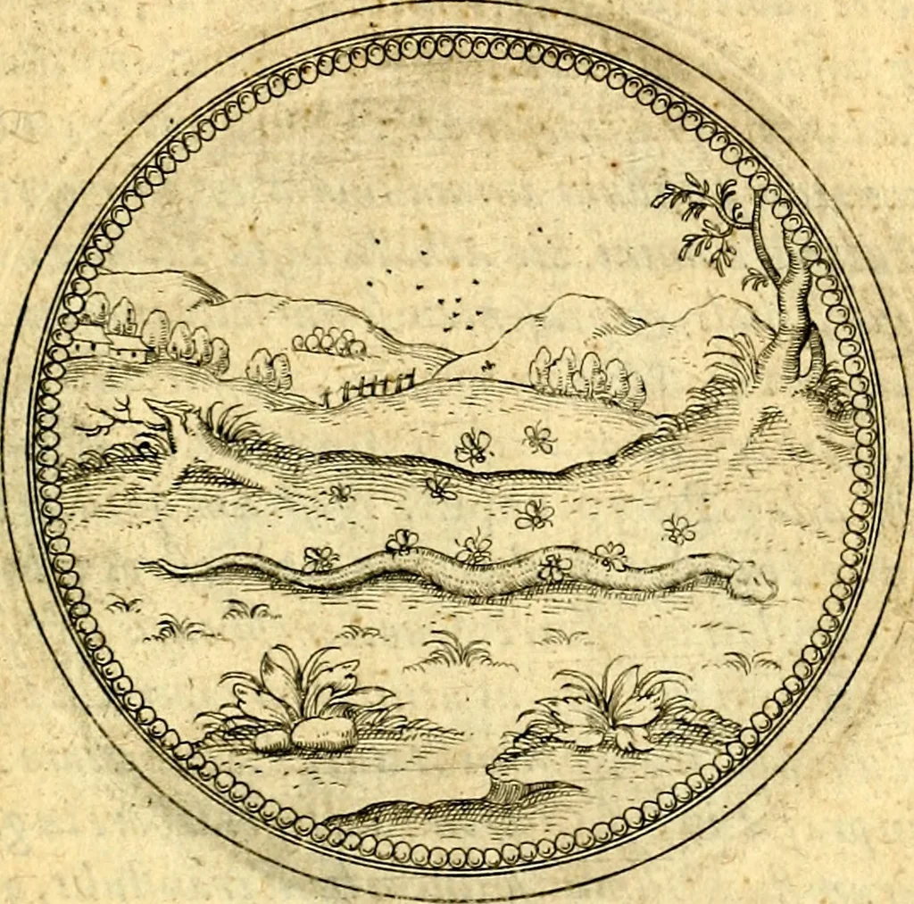 An illustration from Joachimi Camerarii Symbolorvm et emblematvm centvriæ tres. I. Ex herbis & stirpibus. II. Ex animalibus quadrupedibus. III. Ex volatilibus & insectis. Accessit noviter centvria IV. Ex aquatilibus & reptilibus. Cvm figvris æneis, 1605, leaf 818