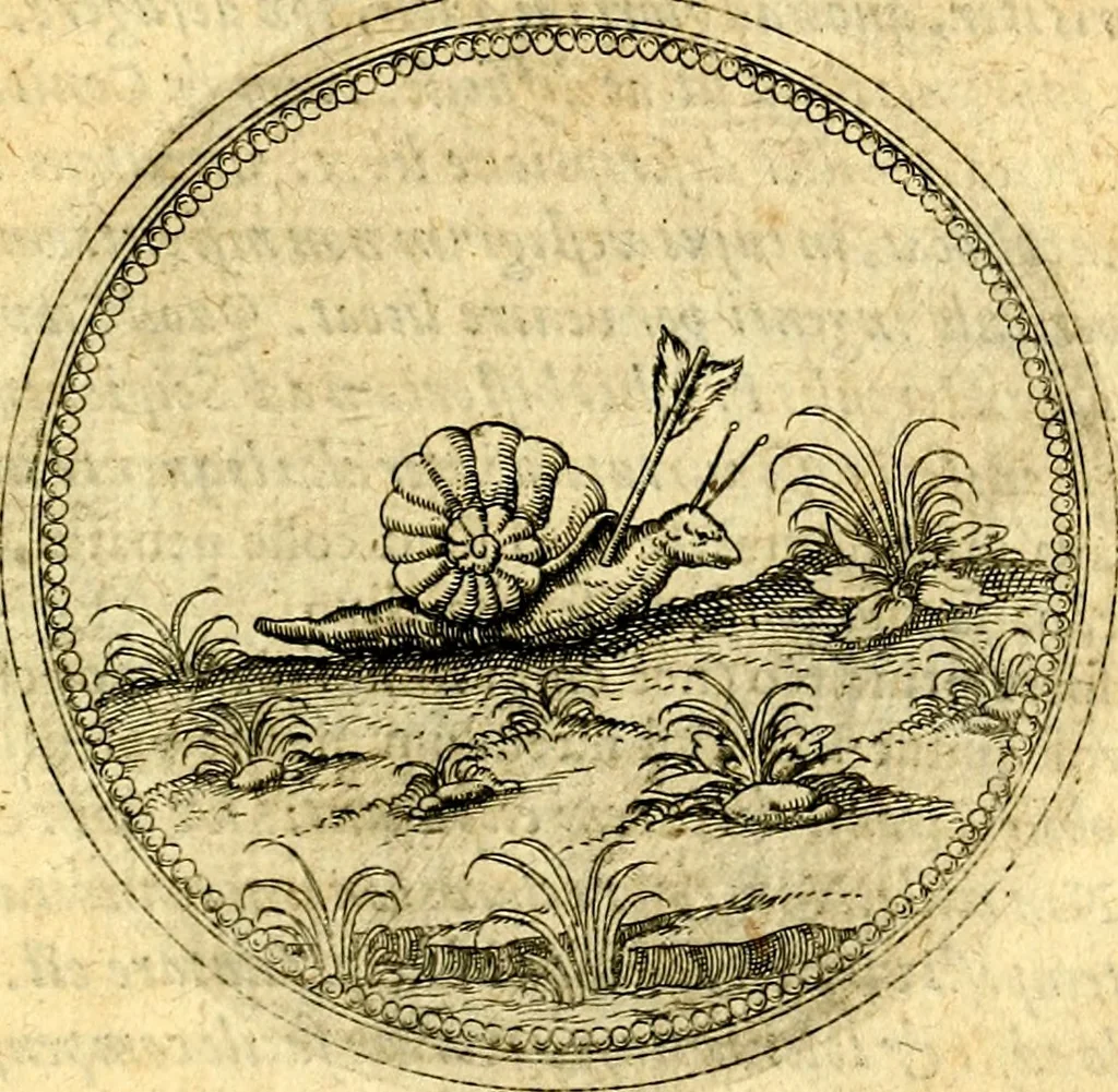 An illustration from Joachimi Camerarii Symbolorvm et emblematvm centvriæ tres. I. Ex herbis & stirpibus. II. Ex animalibus quadrupedibus. III. Ex volatilibus & insectis. Accessit noviter centvria IV. Ex aquatilibus & reptilibus. Cvm figvris æneis, 1605, leaf 826