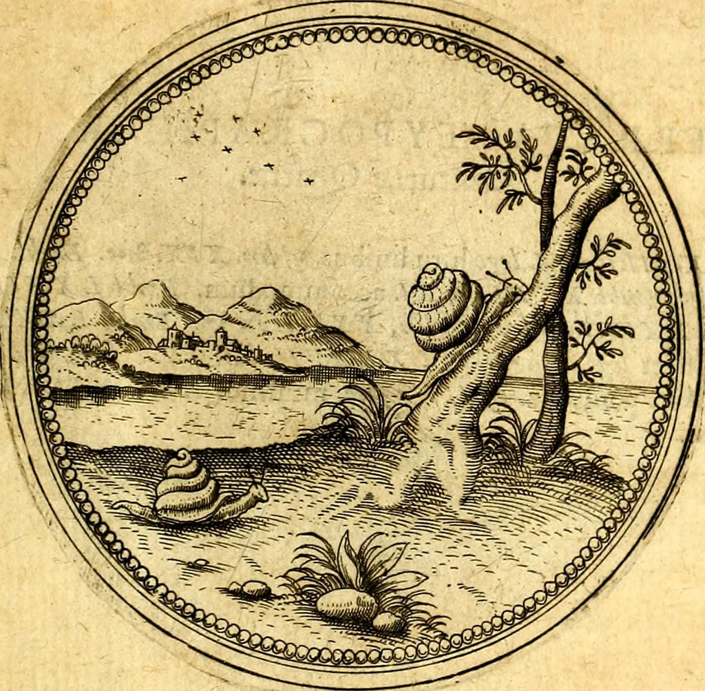 An illustration from Joachimi Camerarii Symbolorvm et emblematvm centvriæ tres. I. Ex herbis & stirpibus. II. Ex animalibus quadrupedibus. III. Ex volatilibus & insectis. Accessit noviter centvria IV. Ex aquatilibus & reptilibus. Cvm figvris æneis, 1605, leaf 830