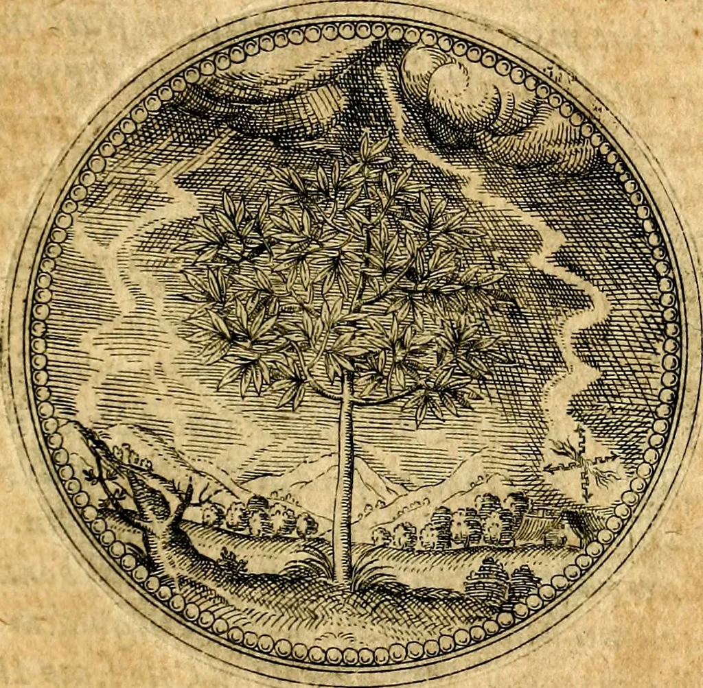 An illustration from Joachimi Camerarii Symbolorvm et emblematvm centvriæ tres. I. Ex herbis & stirpibus. II. Ex animalibus quadrupedibus. III. Ex volatilibus & insectis. Accessit noviter centvria IV. Ex aquatilibus & reptilibus. Cvm figvris æneis, 1605, leaf 84