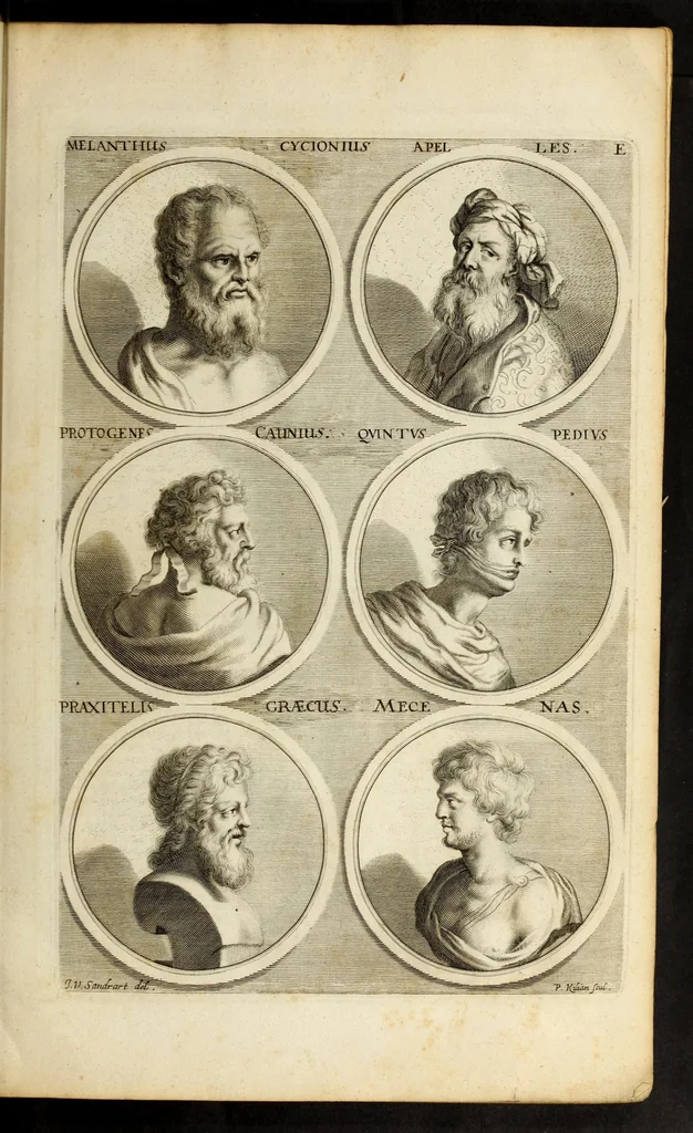 An illustration from Joachimi de Sandrart ... Academia nobilissimæ artis pictoriæ. : Sive Dē veris & genuinis hujusdem proprietatibus, theorematibus, secretis atque requisitis aliis ... instructio fundamentalis ... : Unà cum artificum tam Ægyptiorum, Græcorum & Romanorum; quàm Italorum, Gallorum, Anglorum, Germanorum, Belgarum, aliorumq[ue] ... vitis atque encomiis ... eorundemque, plusquàm ducentis iconibus ... ære expressis, erecta atq[ue] publicata, 1683, leaf 101