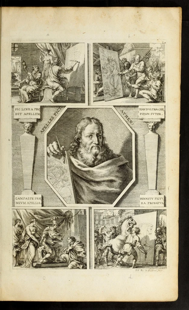 An illustration from Joachimi de Sandrart ... Academia nobilissimæ artis pictoriæ. : Sive Dē veris & genuinis hujusdem proprietatibus, theorematibus, secretis atque requisitis aliis ... instructio fundamentalis ... : Unà cum artificum tam Ægyptiorum, Græcorum & Romanorum; quàm Italorum, Gallorum, Anglorum, Germanorum, Belgarum, aliorumq[ue] ... vitis atque encomiis ... eorundemque, plusquàm ducentis iconibus ... ære expressis, erecta atq[ue] publicata, 1683, leaf 107