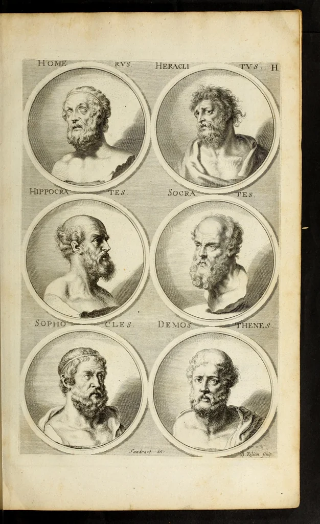 An illustration from Joachimi de Sandrart ... Academia nobilissimæ artis pictoriæ. : Sive Dē veris & genuinis hujusdem proprietatibus, theorematibus, secretis atque requisitis aliis ... instructio fundamentalis ... : Unà cum artificum tam Ægyptiorum, Græcorum & Romanorum; quàm Italorum, Gallorum, Anglorum, Germanorum, Belgarum, aliorumq[ue] ... vitis atque encomiis ... eorundemque, plusquàm ducentis iconibus ... ære expressis, erecta atq[ue] publicata, 1683, leaf 127