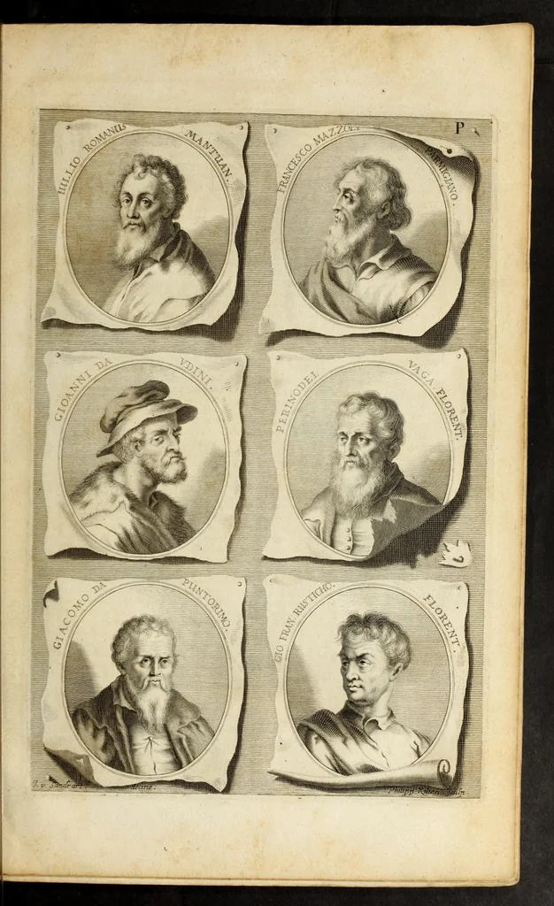 An illustration from Joachimi de Sandrart ... Academia nobilissimæ artis pictoriæ. : Sive Dē veris & genuinis hujusdem proprietatibus, theorematibus, secretis atque requisitis aliis ... instructio fundamentalis ... : Unà cum artificum tam Ægyptiorum, Græcorum & Romanorum; quàm Italorum, Gallorum, Anglorum, Germanorum, Belgarum, aliorumq[ue] ... vitis atque encomiis ... eorundemque, plusquàm ducentis iconibus ... ære expressis, erecta atq[ue] publicata, 1683, leaf 209