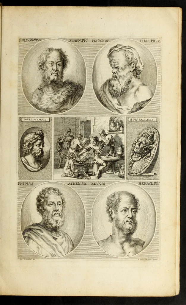 An illustration from Joachimi de Sandrart ... Academia nobilissimæ artis pictoriæ. : Sive Dē veris & genuinis hujusdem proprietatibus, theorematibus, secretis atque requisitis aliis ... instructio fundamentalis ... : Unà cum artificum tam Ægyptiorum, Græcorum & Romanorum; quàm Italorum, Gallorum, Anglorum, Germanorum, Belgarum, aliorumq[ue] ... vitis atque encomiis ... eorundemque, plusquàm ducentis iconibus ... ære expressis, erecta atq[ue] publicata, 1683, leaf 79