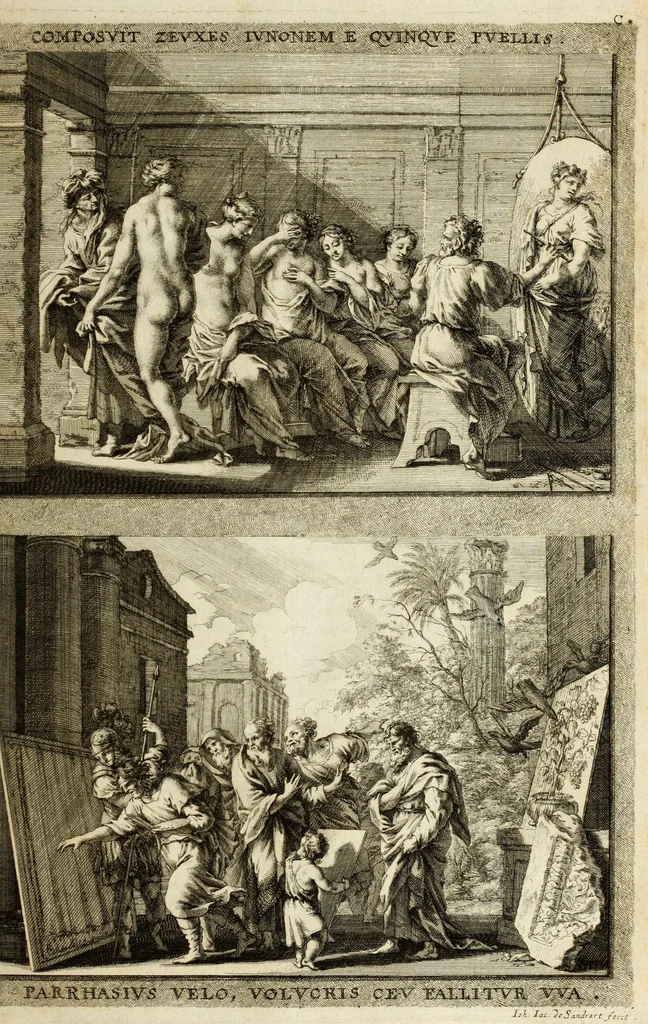 An illustration from Joachimi de Sandrart ... Academia nobilissimæ artis pictoriæ. : Sive Dē veris & genuinis hujusdem proprietatibus, theorematibus, secretis atque requisitis aliis ... instructio fundamentalis ... : Unà cum artificum tam Ægyptiorum, Græcorum & Romanorum; quàm Italorum, Gallorum, Anglorum, Germanorum, Belgarum, aliorumq[ue] ... vitis atque encomiis ... eorundemque, plusquàm ducentis iconibus ... ære expressis, erecta atq[ue] publicata, 1683, leaf 87