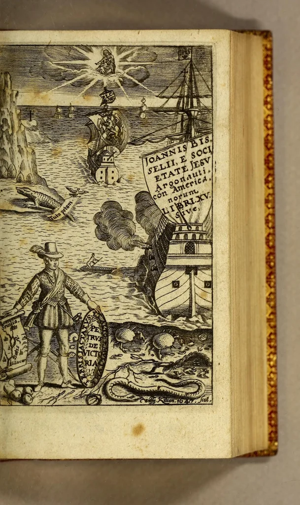 An illustration from Joannis Bisselii, è Societate Jesu, Argonauticon Americanorum, sive, historiæ periculorum Petri de Victoria, ac Sociorum eius, libri XV, 1647, leaf 9