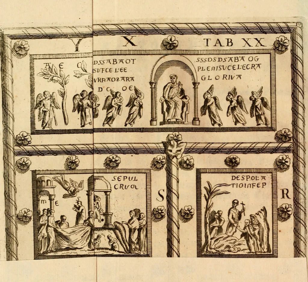 An illustration from Joannis Ciampini Romani, magistri brevium gratiae ... Opera, in tres tomos distributa : acesserunt eiusdem Ciampini opuscula quaedam selectiora : item appendix, seu notae, in quibus nonnulla post eius obitum innovata recensentur : ac demum auctoris vita, nunc primùm ipsius operibus addita, 1747, leaf 127