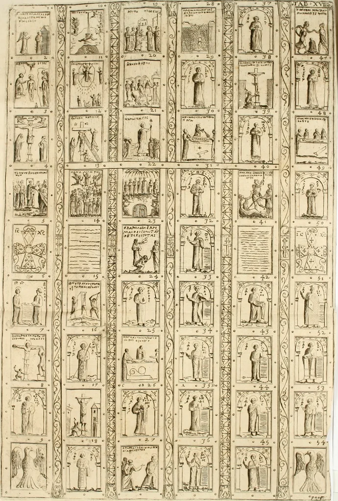An illustration from Joannis Ciampini Romani, magistri brevium gratiae ... Opera, in tres tomos distributa : acesserunt eiusdem Ciampini opuscula quaedam selectiora : item appendix, seu notae, in quibus nonnulla post eius obitum innovata recensentur : ac demum auctoris vita, nunc primùm ipsius operibus addita, 1747, leaf 128