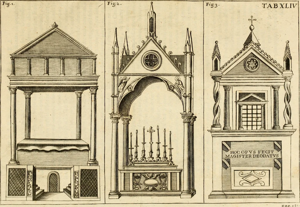 An illustration from Joannis Ciampini Romani, magistri brevium gratiae ... Opera, in tres tomos distributa : acesserunt eiusdem Ciampini opuscula quaedam selectiora : item appendix, seu notae, in quibus nonnulla post eius obitum innovata recensentur : ac demum auctoris vita, nunc primùm ipsius operibus addita, 1747, leaf 313