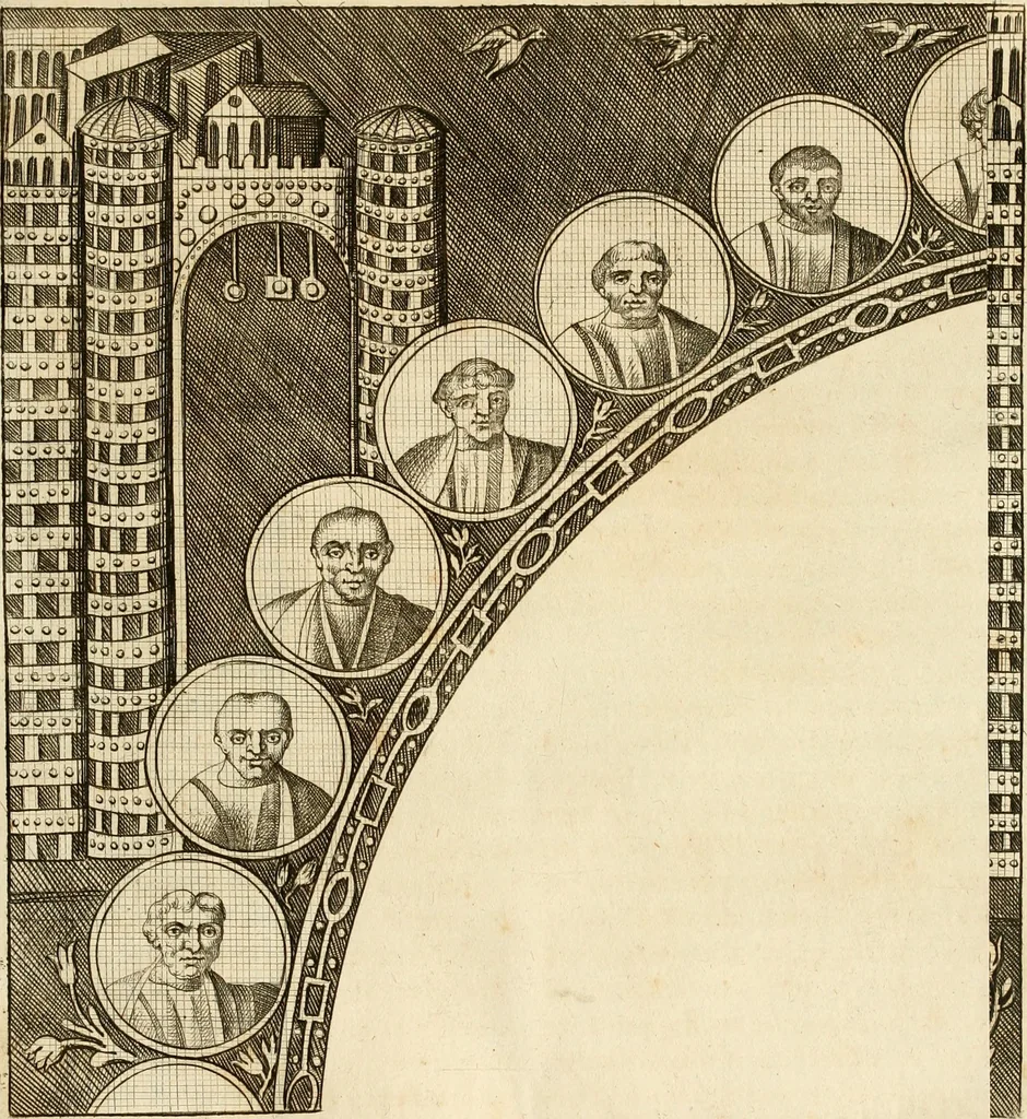 An illustration from Joannis Ciampini Romani, magistri brevium gratiae ... Opera, in tres tomos distributa : acesserunt eiusdem Ciampini opuscula quaedam selectiora : item appendix, seu notae, in quibus nonnulla post eius obitum innovata recensentur : ac demum auctoris vita, nunc primùm ipsius operibus addita, 1747, leaf 326