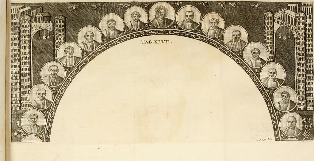 An illustration from Joannis Ciampini Romani, magistri brevium gratiae ... Opera, in tres tomos distributa : acesserunt eiusdem Ciampini opuscula quaedam selectiora : item appendix, seu notae, in quibus nonnulla post eius obitum innovata recensentur : ac demum auctoris vita, nunc primùm ipsius operibus addita, 1747, leaf 327