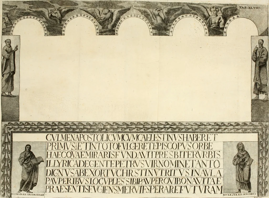 An illustration from Joannis Ciampini Romani, magistri brevium gratiae ... Opera, in tres tomos distributa : acesserunt eiusdem Ciampini opuscula quaedam selectiora : item appendix, seu notae, in quibus nonnulla post eius obitum innovata recensentur : ac demum auctoris vita, nunc primùm ipsius operibus addita, 1747, leaf 330