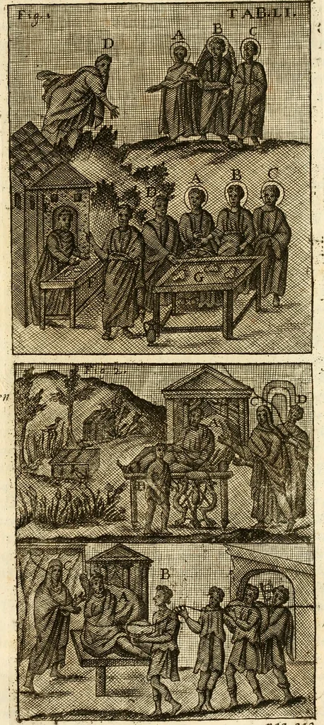 An illustration from Joannis Ciampini Romani, magistri brevium gratiae ... Opera, in tres tomos distributa : acesserunt eiusdem Ciampini opuscula quaedam selectiora : item appendix, seu notae, in quibus nonnulla post eius obitum innovata recensentur : ac demum auctoris vita, nunc primùm ipsius operibus addita, 1747, leaf 358
