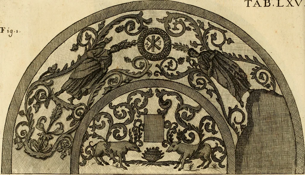 An illustration from Joannis Ciampini Romani, magistri brevium gratiae ... Opera, in tres tomos distributa : acesserunt eiusdem Ciampini opuscula quaedam selectiora : item appendix, seu notae, in quibus nonnulla post eius obitum innovata recensentur : ac demum auctoris vita, nunc primùm ipsius operibus addita, 1747, leaf 405
