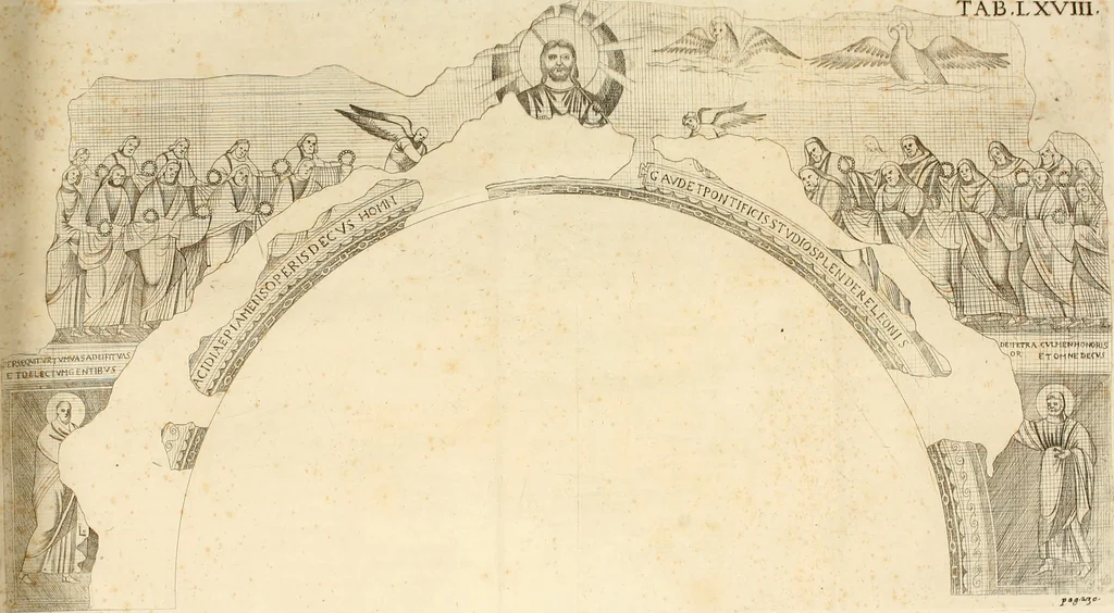 An illustration from Joannis Ciampini Romani, magistri brevium gratiae ... Opera, in tres tomos distributa : acesserunt eiusdem Ciampini opuscula quaedam selectiora : item appendix, seu notae, in quibus nonnulla post eius obitum innovata recensentur : ac demum auctoris vita, nunc primùm ipsius operibus addita, 1747, leaf 411