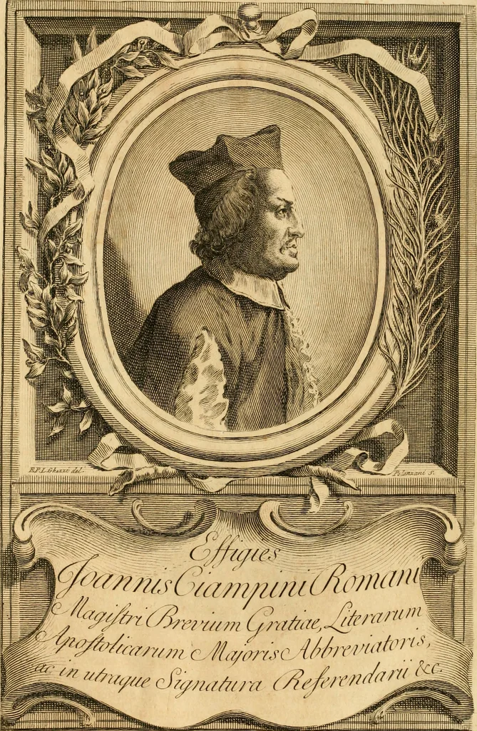 An illustration from Joannis Ciampini Romani, magistri brevium gratiae ... Opera, in tres tomos distributa : acesserunt eiusdem Ciampini opuscula quaedam selectiora : item appendix, seu notae, in quibus nonnulla post eius obitum innovata recensentur : ac demum auctoris vita, nunc primùm ipsius operibus addita, 1747, leaf 43