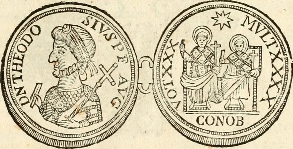 An illustration from Joannis Ciampini Romani, magistri brevium gratiae ... Opera, in tres tomos distributa : acesserunt eiusdem Ciampini opuscula quaedam selectiora : item appendix, seu notae, in quibus nonnulla post eius obitum innovata recensentur : ac demum auctoris vita, nunc primùm ipsius operibus addita, 1747, leaf 472