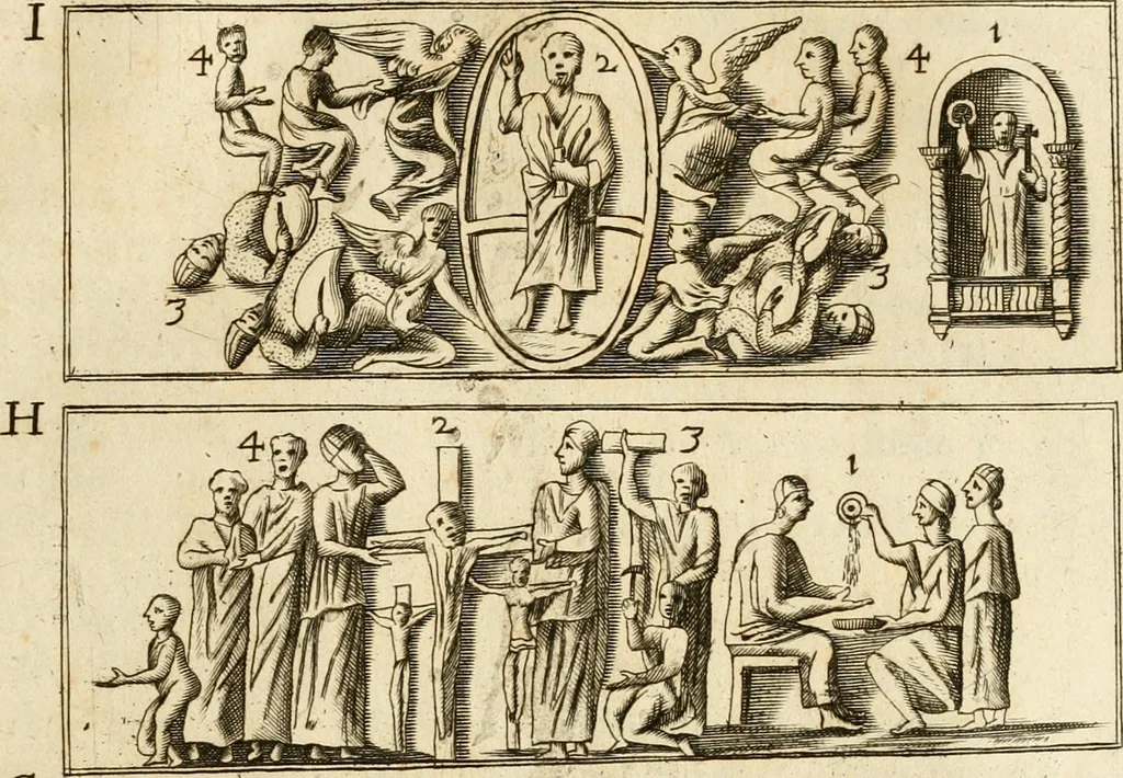 An illustration from Joannis Ciampini Romani, magistri brevium gratiae ... Opera, in tres tomos distributa : acesserunt eiusdem Ciampini opuscula quaedam selectiora : item appendix, seu notae, in quibus nonnulla post eius obitum innovata recensentur : ac demum auctoris vita, nunc primùm ipsius operibus addita, 1747, leaf 94