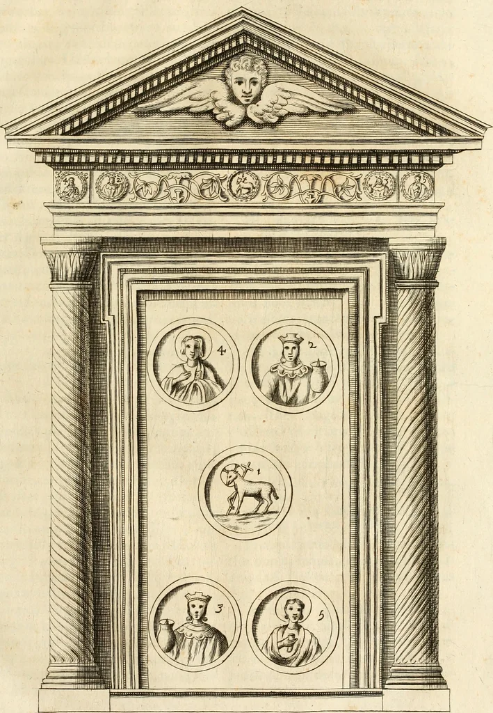 An illustration from Joannis Ciampini Romani, magistri brevium gratiae ... Opera, in tres tomos distributa : acesserunt eiusdem Ciampini opuscula quaedam selectiora : item appendix, seu notae, in quibus nonnulla post eius obitum innovata recensentur : ac demum auctoris vita, nunc primùm ipsius operibus addita, 1747, leaf 98