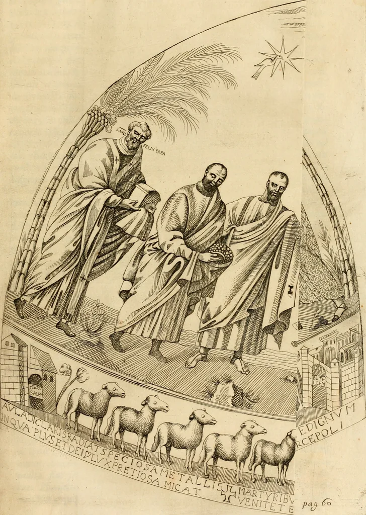 An illustration from Joannis Ciampini Romani, magistri brevium gratiae ... Opera, in tres tomos distributa : acesserunt eiusdem Ciampini opuscula quaedam selectiora : item appendix, seu notae, in quibus nonnulla post eius obitum innovata recensentur : ac demum auctoris vita, nunc primùm ipsius operibus addita, 1747, leaf 112