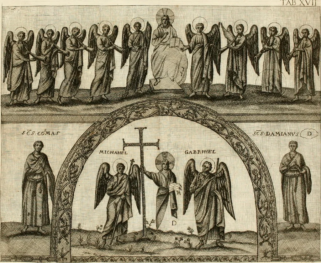 An illustration from Joannis Ciampini Romani, magistri brevium gratiae ... Opera, in tres tomos distributa : acesserunt eiusdem Ciampini opuscula quaedam selectiora : item appendix, seu notae, in quibus nonnulla post eius obitum innovata recensentur : ac demum auctoris vita, nunc primùm ipsius operibus addita, 1747, leaf 116