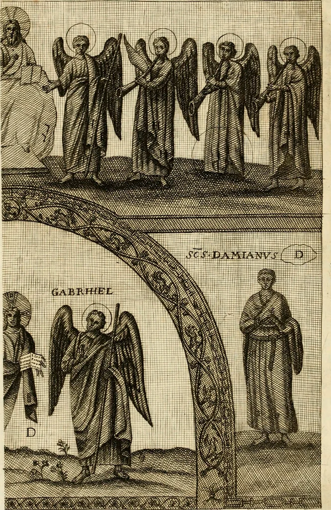 An illustration from Joannis Ciampini Romani, magistri brevium gratiae ... Opera, in tres tomos distributa : acesserunt eiusdem Ciampini opuscula quaedam selectiora : item appendix, seu notae, in quibus nonnulla post eius obitum innovata recensentur : ac demum auctoris vita, nunc primùm ipsius operibus addita, 1747, leaf 117