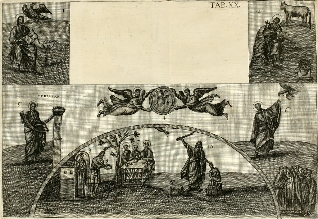 An illustration from Joannis Ciampini Romani, magistri brevium gratiae ... Opera, in tres tomos distributa : acesserunt eiusdem Ciampini opuscula quaedam selectiora : item appendix, seu notae, in quibus nonnulla post eius obitum innovata recensentur : ac demum auctoris vita, nunc primùm ipsius operibus addita, 1747, leaf 128