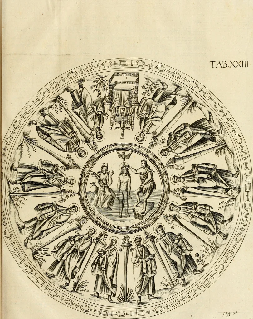 An illustration from Joannis Ciampini Romani, magistri brevium gratiae ... Opera, in tres tomos distributa : acesserunt eiusdem Ciampini opuscula quaedam selectiora : item appendix, seu notae, in quibus nonnulla post eius obitum innovata recensentur : ac demum auctoris vita, nunc primùm ipsius operibus addita, 1747, leaf 144