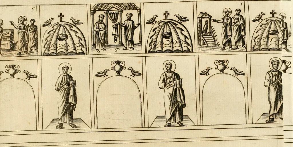 An illustration from Joannis Ciampini Romani, magistri brevium gratiae ... Opera, in tres tomos distributa : acesserunt eiusdem Ciampini opuscula quaedam selectiora : item appendix, seu notae, in quibus nonnulla post eius obitum innovata recensentur : ac demum auctoris vita, nunc primùm ipsius operibus addita, 1747, leaf 168