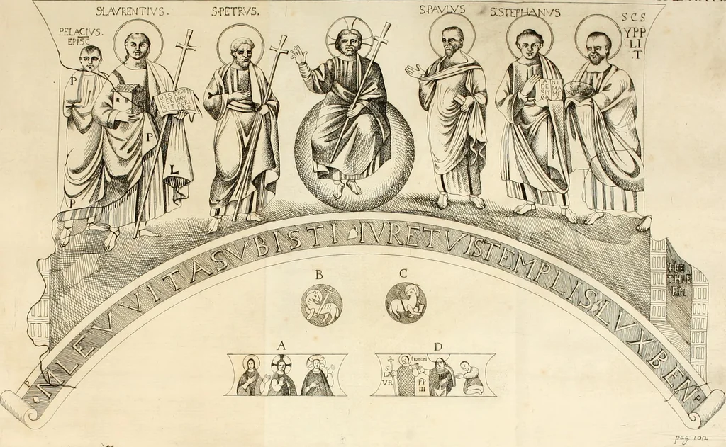 An illustration from Joannis Ciampini Romani, magistri brevium gratiae ... Opera, in tres tomos distributa : acesserunt eiusdem Ciampini opuscula quaedam selectiora : item appendix, seu notae, in quibus nonnulla post eius obitum innovata recensentur : ac demum auctoris vita, nunc primùm ipsius operibus addita, 1747, leaf 177