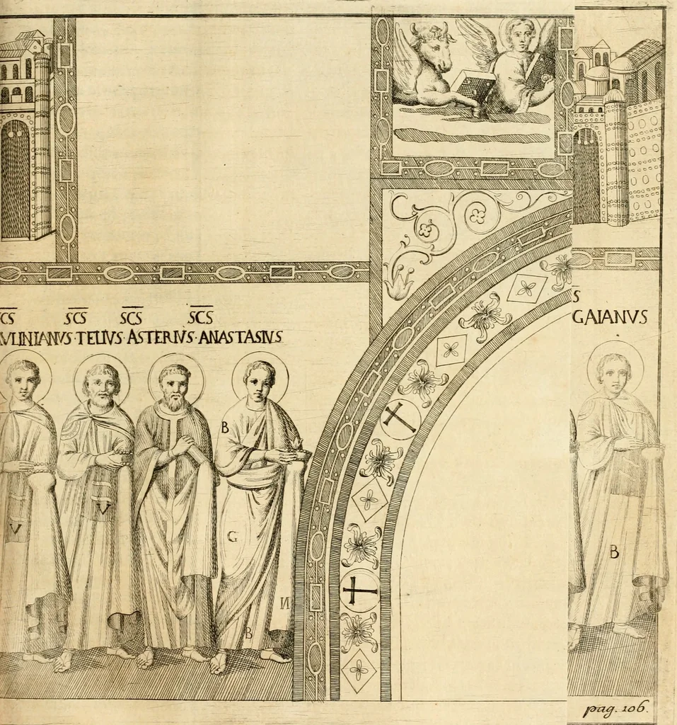 An illustration from Joannis Ciampini Romani, magistri brevium gratiae ... Opera, in tres tomos distributa : acesserunt eiusdem Ciampini opuscula quaedam selectiora : item appendix, seu notae, in quibus nonnulla post eius obitum innovata recensentur : ac demum auctoris vita, nunc primùm ipsius operibus addita, 1747, leaf 184