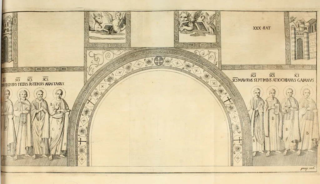 An illustration from Joannis Ciampini Romani, magistri brevium gratiae ... Opera, in tres tomos distributa : acesserunt eiusdem Ciampini opuscula quaedam selectiora : item appendix, seu notae, in quibus nonnulla post eius obitum innovata recensentur : ac demum auctoris vita, nunc primùm ipsius operibus addita, 1747, leaf 185