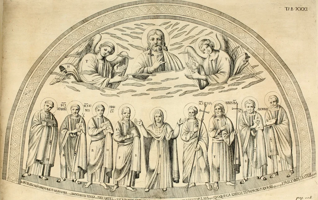 An illustration from Joannis Ciampini Romani, magistri brevium gratiae ... Opera, in tres tomos distributa : acesserunt eiusdem Ciampini opuscula quaedam selectiora : item appendix, seu notae, in quibus nonnulla post eius obitum innovata recensentur : ac demum auctoris vita, nunc primùm ipsius operibus addita, 1747, leaf 189