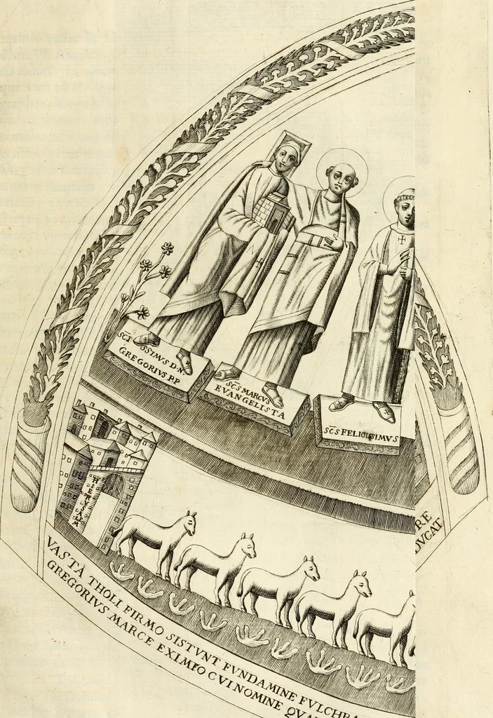 An illustration from Joannis Ciampini Romani, magistri brevium gratiae ... Opera, in tres tomos distributa : acesserunt eiusdem Ciampini opuscula quaedam selectiora : item appendix, seu notae, in quibus nonnulla post eius obitum innovata recensentur : ac demum auctoris vita, nunc primùm ipsius operibus addita, 1747, leaf 214