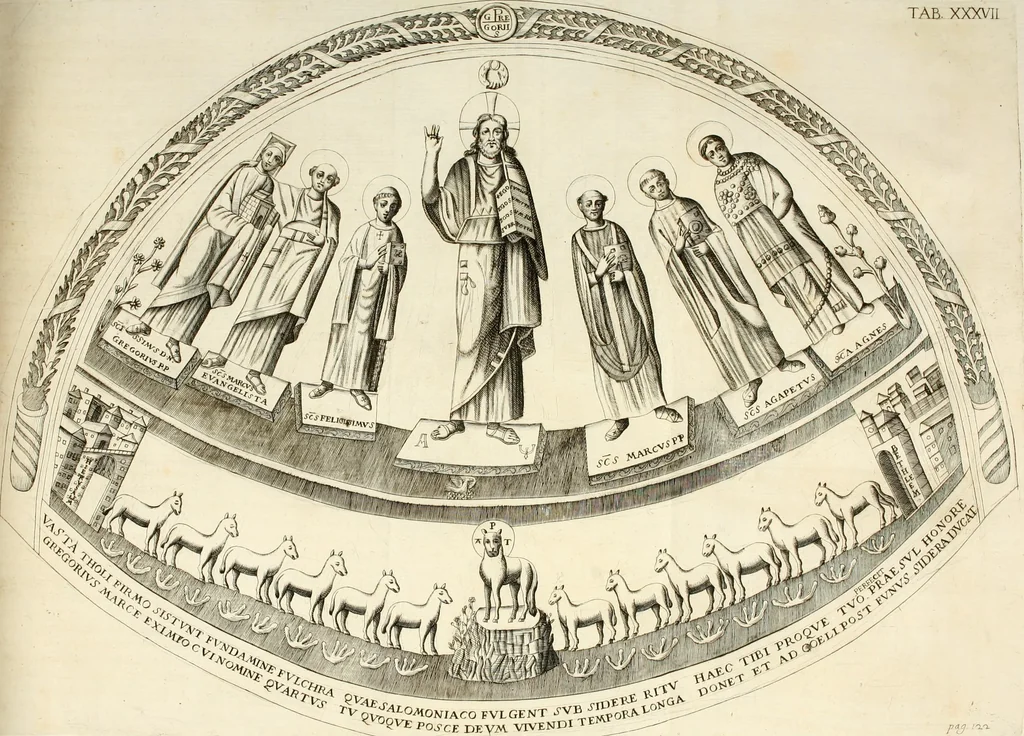 An illustration from Joannis Ciampini Romani, magistri brevium gratiae ... Opera, in tres tomos distributa : acesserunt eiusdem Ciampini opuscula quaedam selectiora : item appendix, seu notae, in quibus nonnulla post eius obitum innovata recensentur : ac demum auctoris vita, nunc primùm ipsius operibus addita, 1747, leaf 215