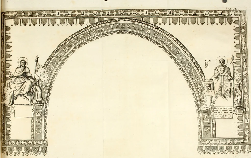 An illustration from Joannis Ciampini Romani, magistri brevium gratiae ... Opera, in tres tomos distributa : acesserunt eiusdem Ciampini opuscula quaedam selectiora : item appendix, seu notae, in quibus nonnulla post eius obitum innovata recensentur : ac demum auctoris vita, nunc primùm ipsius operibus addita, 1747, leaf 227